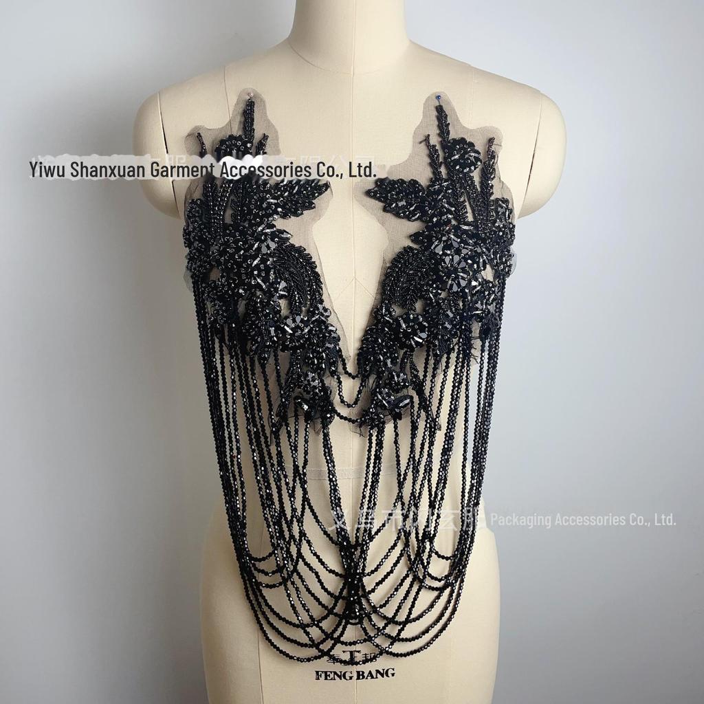 Handmade Beaded Tassel Wedding Dress Shoulder Ornaments with Crystal Diamond Lace Applique