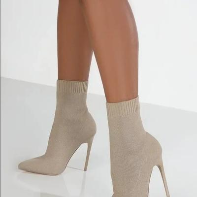Moda Autunno 2025 Lusso Donna Beige Stivaletti Calzino Ballerina Esotica Tacchi Alti Stivali Stiletto Moda Invernale Stivali in Tessuto Elasticizzato Taglie Forti