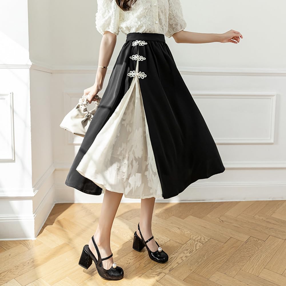 TAHALI Skirt with Chinese Pleated Black Skirt for and Fall Long, High-Waisted, A-Line Buttons, Chinese-Style Spring, Summer, (Size M, Black)
