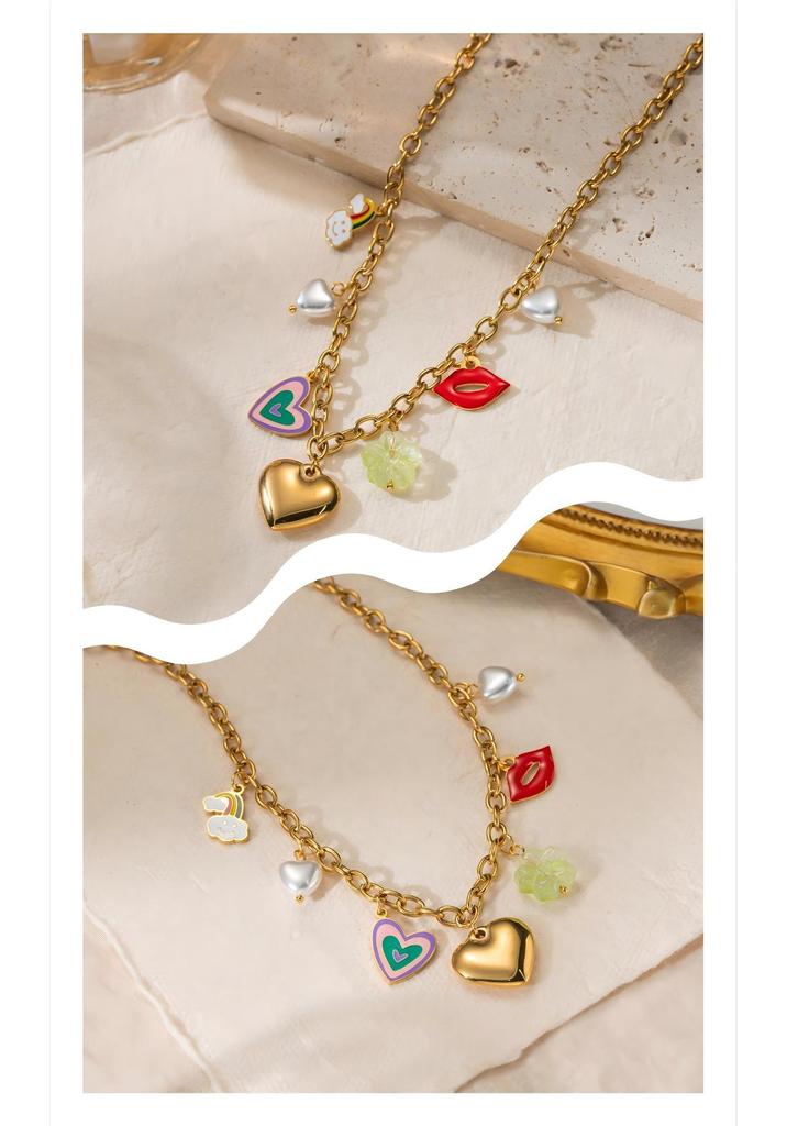 18K Gold Plated Stainless Steel Heart, Lips, and Flower Pendant Necklace for Women