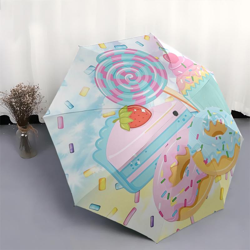 Dessert Automatic Folding Umbrella  Simple 8 Rib Design, Bright Cartoon Pattern, Durable Iron Frame, Suitable For Travel, Outdoor, Beach  Cu