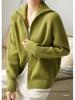 Women's European Style Pure Wool Turn-Down Collar Cashmere Cardigan with Double Zipper Knitwear.