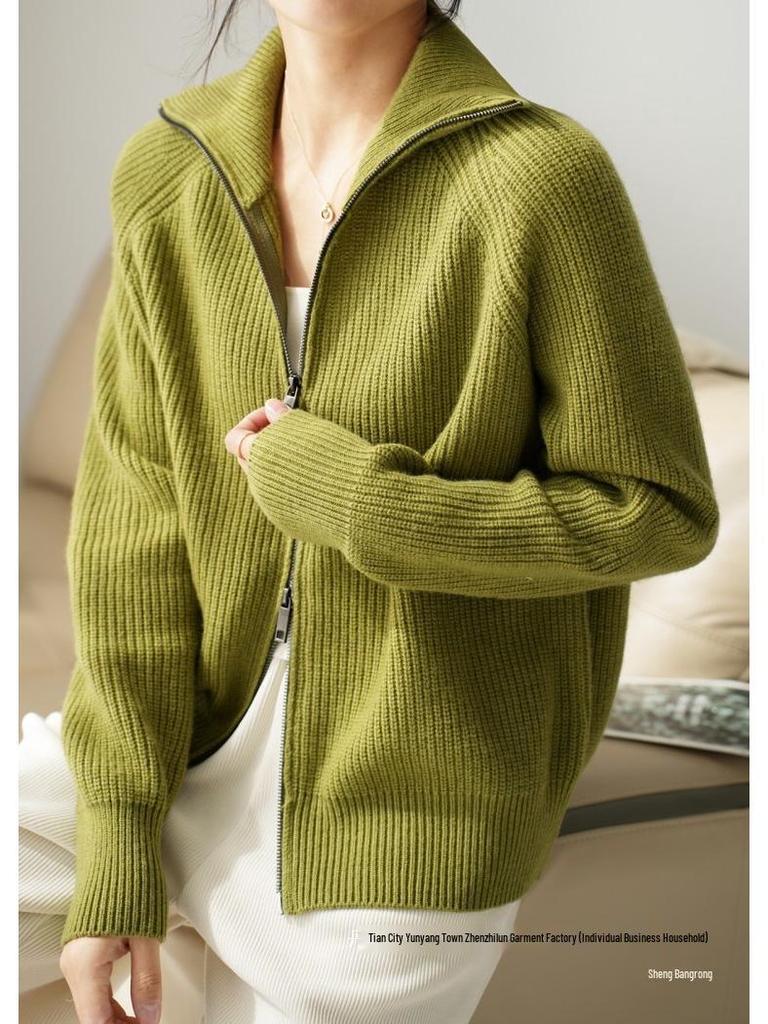 Women's European Style Pure Wool Turn-Down Collar Cashmere Cardigan with Double Zipper Knitwear.