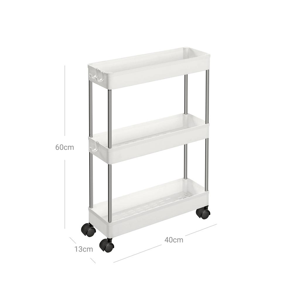 SONGMICS 3-Tier Storage Trolley, Kitchen Trolley on Wheels, Narrow Trolley for Kitchen Bathroom Office or Small Spaces, 42 x 13.5 x 61 cm, White