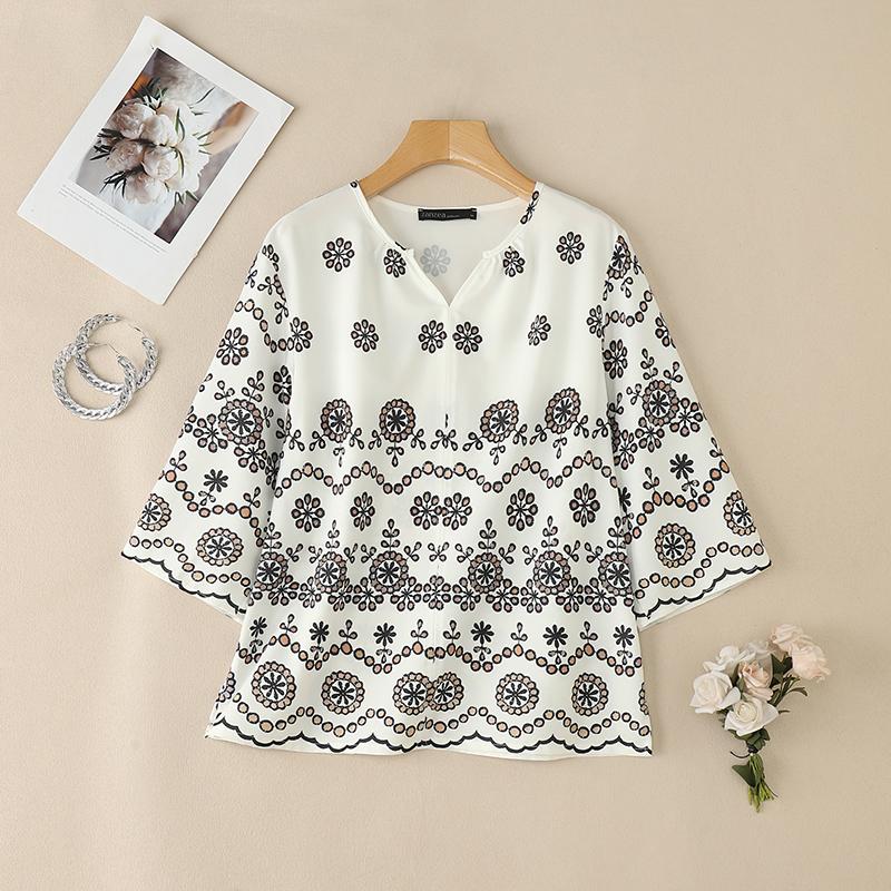 ZANZEA Women Casual V-Neck 3/4 Sleeve Loose Floral Print Blouse