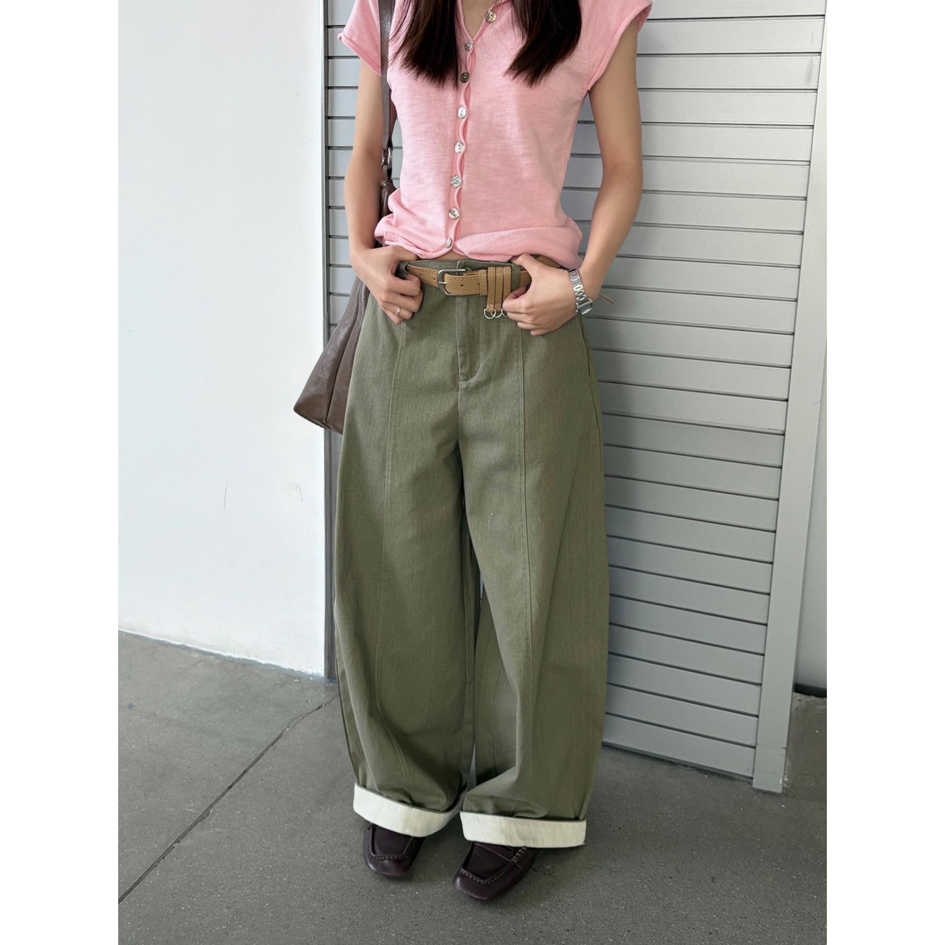

Guangzhou Shisanhang Korean Style Color Block Oversized Rolled Hem Scimitar Pants for Women - Spring Collection Large зелений