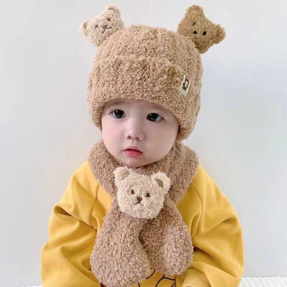 Cute Bear Scarf Hat Set Cartoon Children's Ear Protection Hat Plush Beanie Cap  Boys/Girls