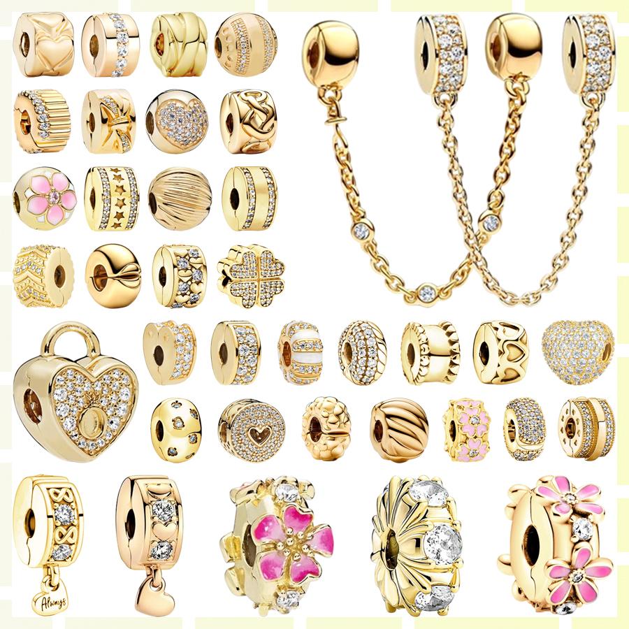 Sparkling Golden Clips Series Triple Clear Stone Safety Chain Daisy Flower Clip Charm Beads Fit Bracelets DIY Jewelry