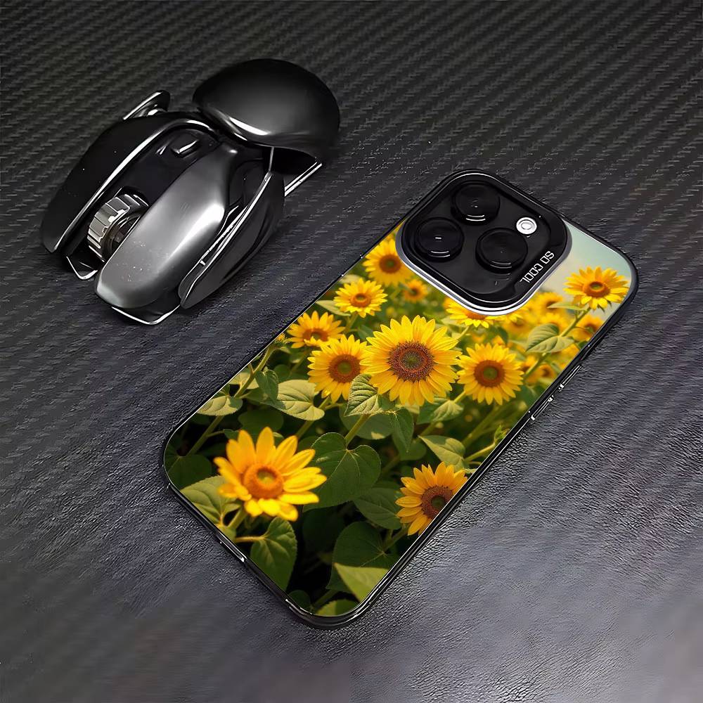 Sunflower&Sunny Day For iPhone 16,15,14,13,12,11,8,7,Pro,Max,Plus,Mini,XS,SE Anti Fall Black Matte Hard