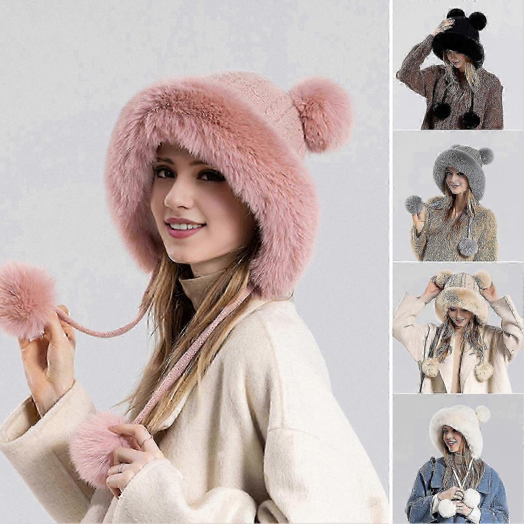 Winter Ladies Hat Fluffy Plush Thickened Heat Retention Ball Decor Ear Protection Solid Color Windproof Outdoor Camping Cycling Skiing Headwear