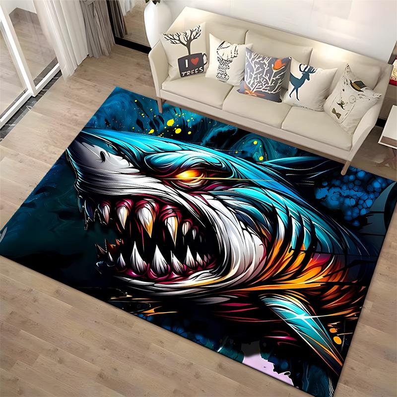 Dynamic Shark Art in Vibrant Colors Rug Non-slip rug suitable for living room and bedroom sofas.