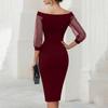 Women's Off Shoulder Mesh Patchwork Bodycon Dress Elegant Slim Fit Midi Dress with Sheer Sleeves for Summer Parties