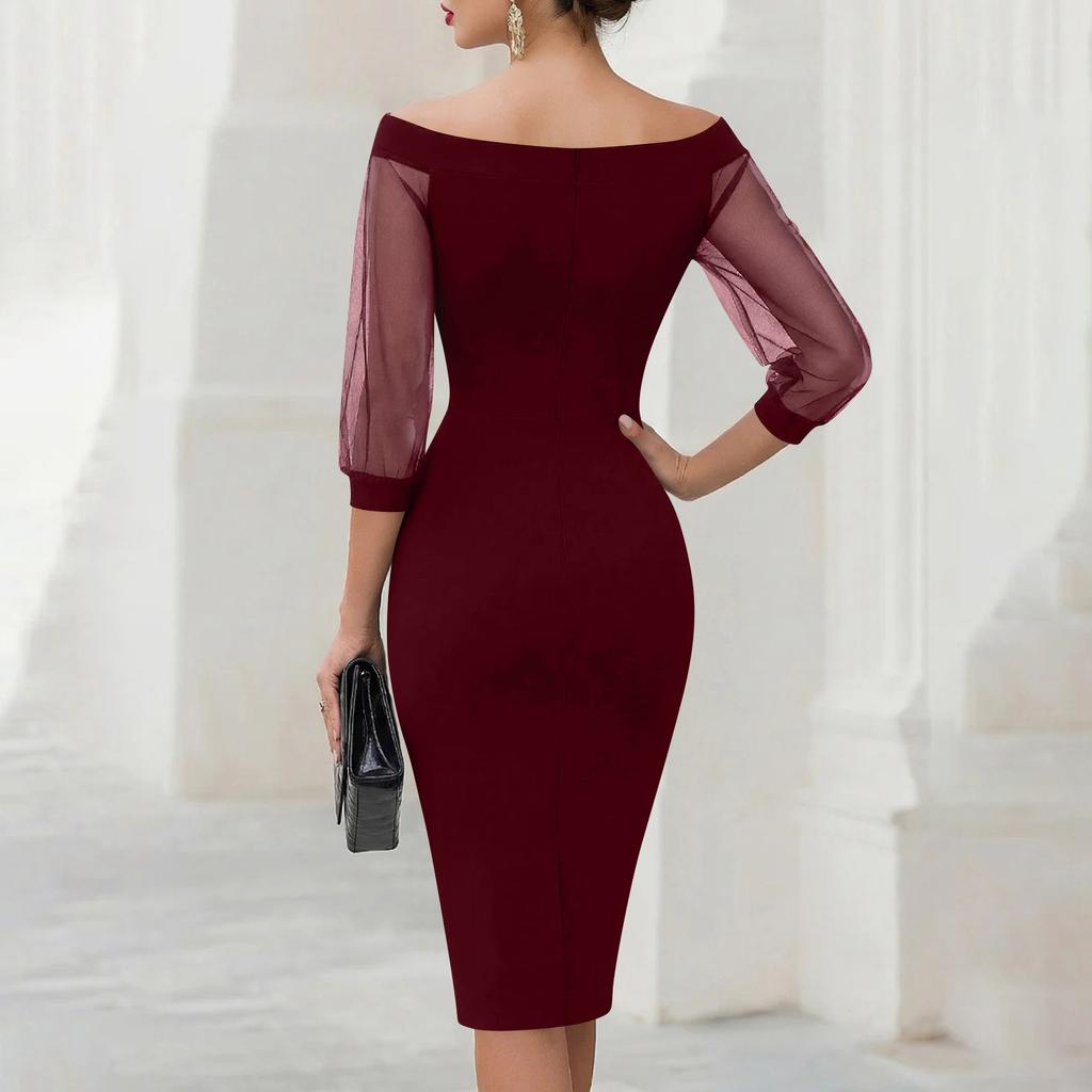 Women's Off Shoulder Mesh Patchwork Bodycon Dress Elegant Slim Fit Midi Dress with Sheer Sleeves for Summer Parties