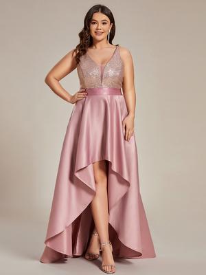 Ever-Pretty Vestidos de noche sexy sin espalda para mujer, talla grande, con cuello en V, brillante, dobladillo alto y bajo