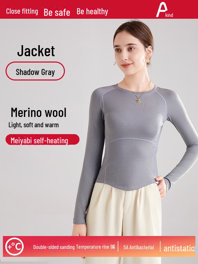 Damen Herbst/Winter Slim Fit Langarm Woll-Plus-Samt-Oberteil mit Rundhalsausschnitt