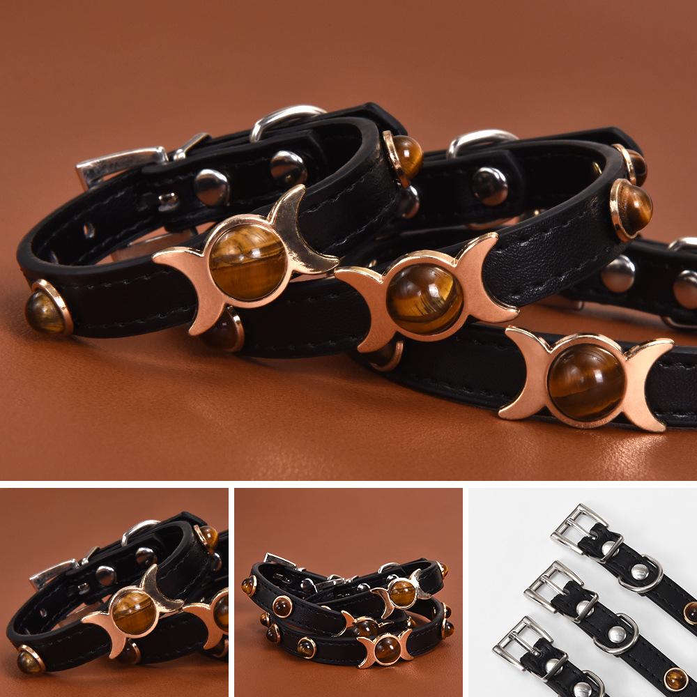 Pet Products Tiger's Eye Stone Dog Collar Alloy Wear-resistant Adjustable Button PU Leather Cat Neck Ring