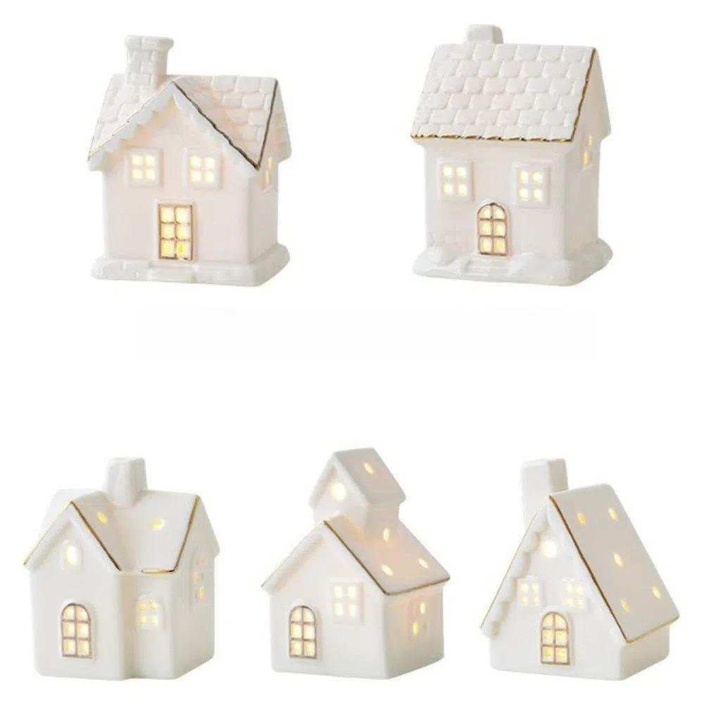 LED Light Up Porcelain Village House White Tabletop Ornaments New House Figurines  Winter Decor