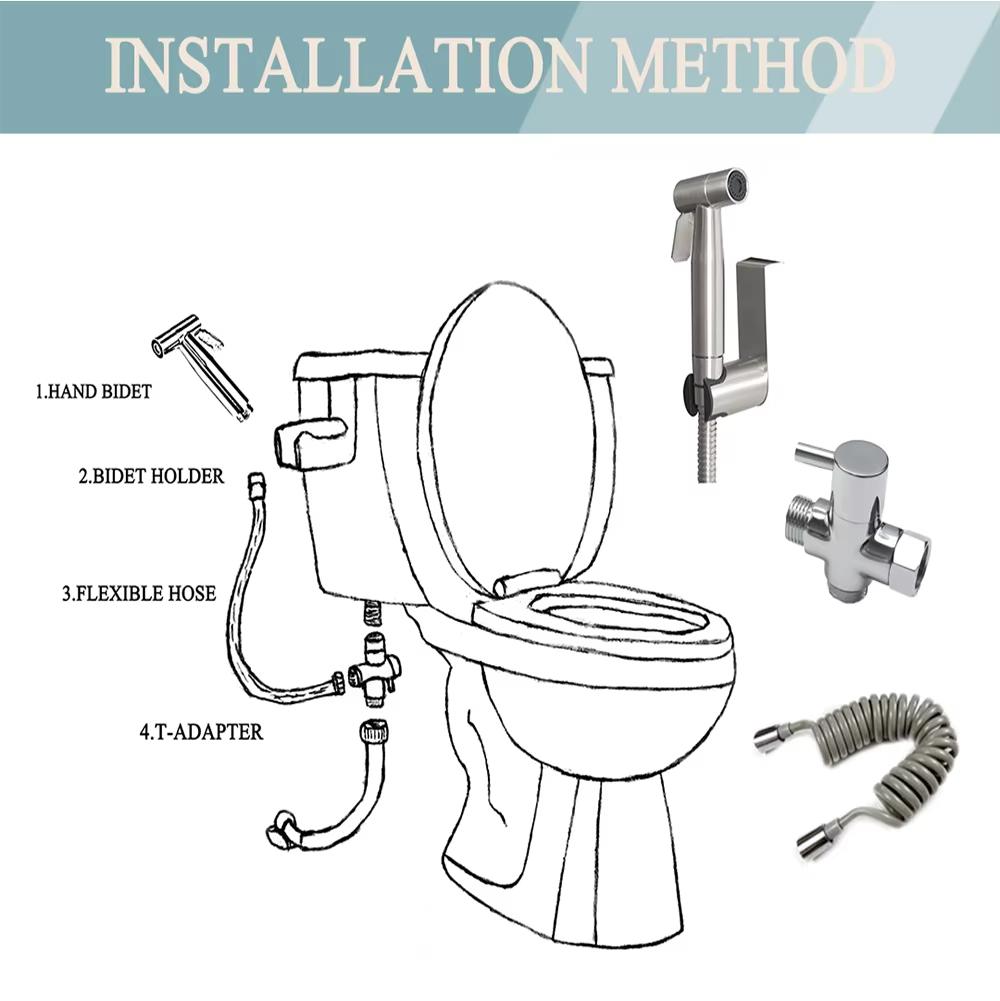 Portable Toilet Bidet Sprayer Gun, Holder Self-Cleaning Washing, Bidet Faucet Spray, 3-Way Valve, Bathroom Showerhead Hose