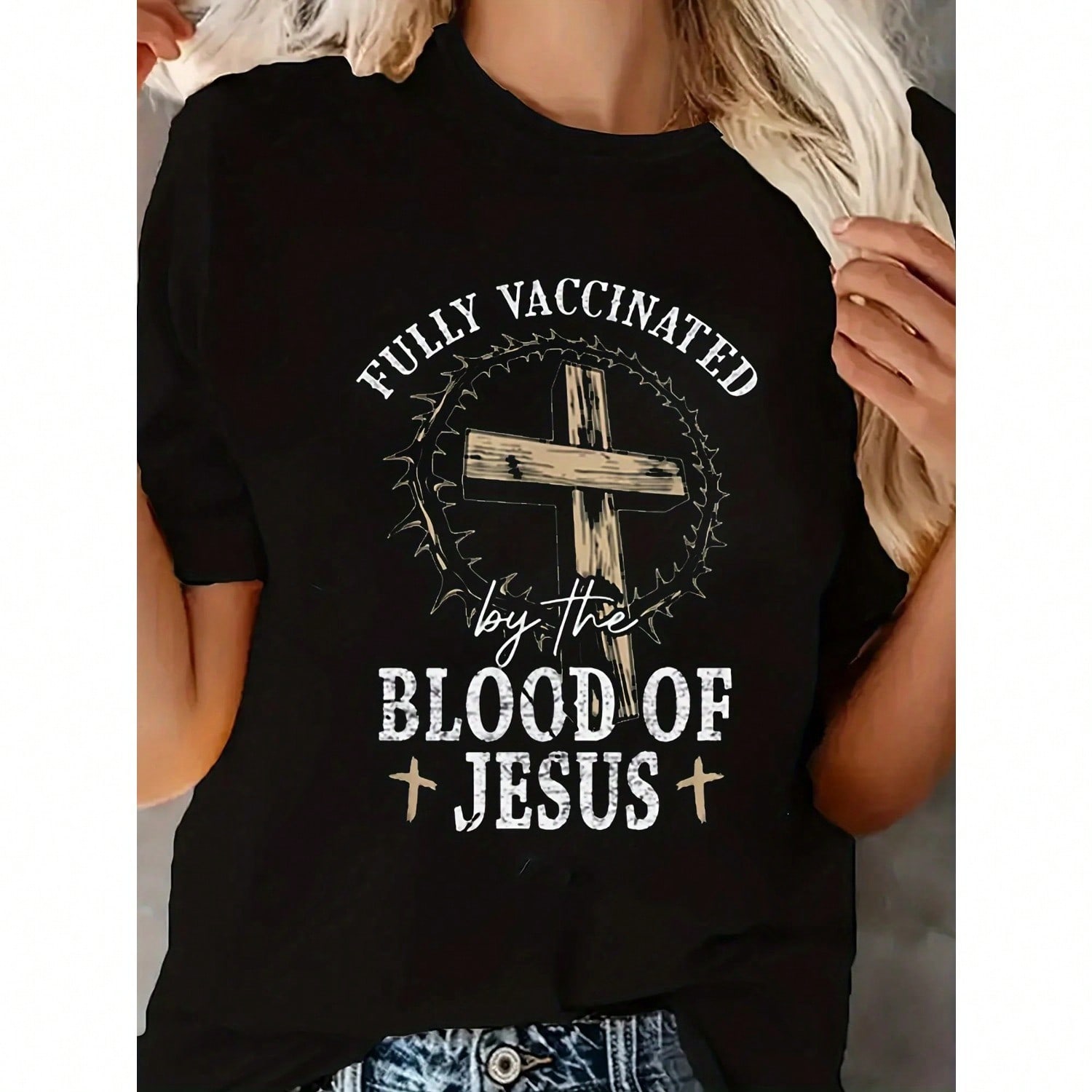 Fully Vaccinated Blood Of Jesus Wounisex Crew Neck Letter Funny Print T Shirts Short Sleeve Graphic Shirts Loose Casual Tops Tee S разноцветный