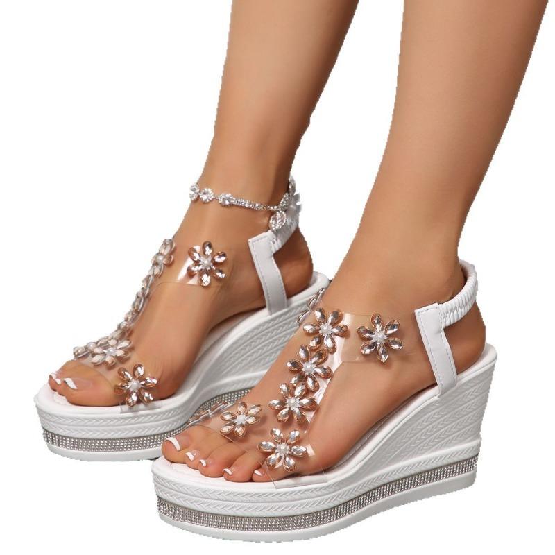 Rhinestone Wedge Sandals Women's Summer Rhinestone Flower Decoration Platform High Heel Large Size Fashion Fairy Shoes Muffin Shoes