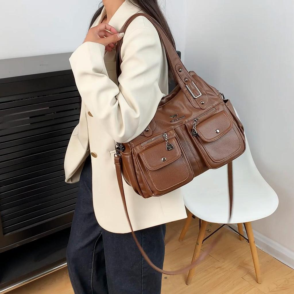 Weiche Leder Schultertasche mit großer Kapazität Tasche für Frauen mittleren Alters Muttertasche Pendler Mehrfachtasche Umhängetasche