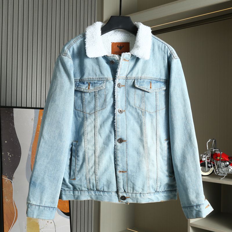 Winter Vintage Lamb Wool Lapel Denim Jacket for Men, Thickened Warm Workwear Style Washed Jacket Trendy