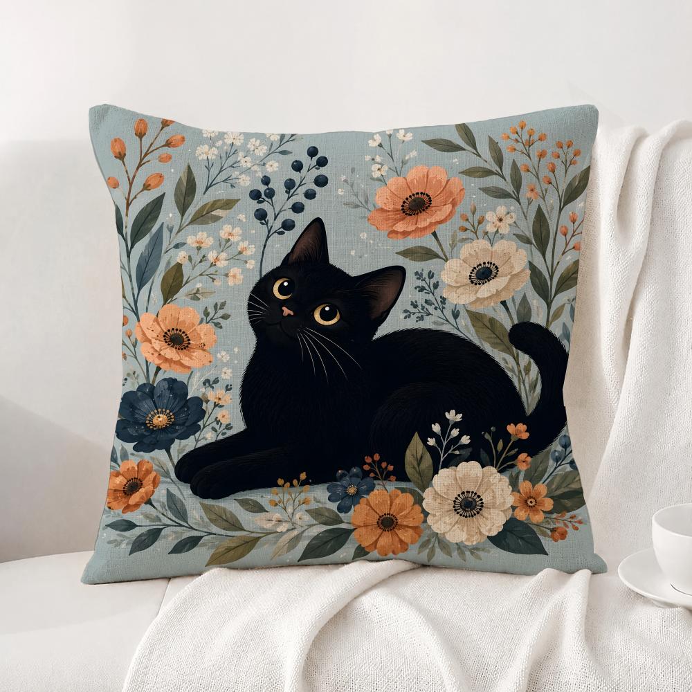 Art Black Cat With Flower Cushion Cover Natural Linen Pillowcase Set AllinOne Decor Cushion Cover for Sofa Bedroom Chair