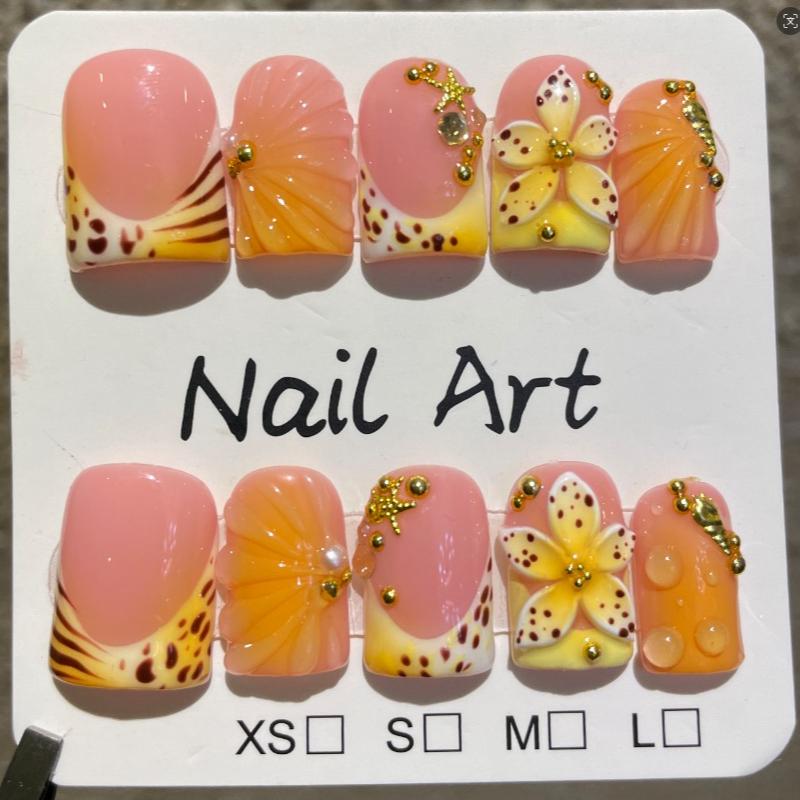 10pcs French Square Handmade Press On Nails Summer Ocean Series 3D Flower Reusable Fake Nails