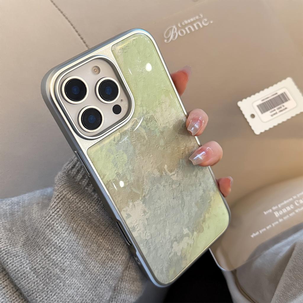 Spring Fresh Green Mixed Oil Painting Texture Smudge Sliver Edge Protective Case for iPhone 11 12 13 14 15 16 17 Pro Max Plus XR
