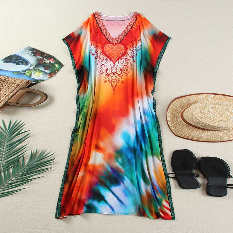 EDOLYNSA 2024 Boho Colorful Printed Batwing Sleeve V-neck Beach Dress Women Summer Swimwear Coverup Cozy Plus Size Kaftan Homewear Q1674