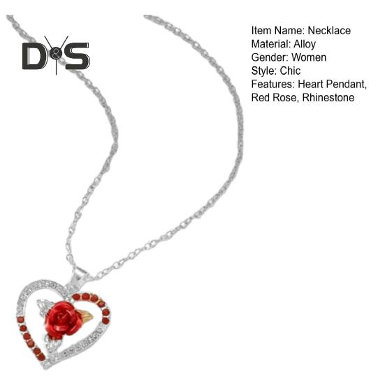 Colier cu strasuri inimă trandafir roșu pandantiv culoare contrastantă aliaj lustruit Simbol al iubirii pasionale bijuterii gât pentru întâlniri Purtare zilnică banchete
