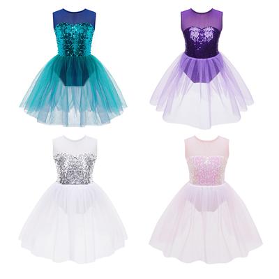 Kids Girls Dance Leotard Dress Ballet Figure Skating Shiny Sequins Bodice Open Back Mesh Tutu Dress Costume