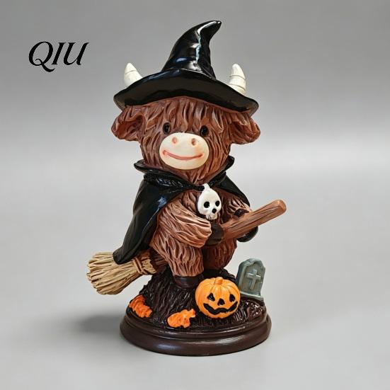 Durable Resin Statue Highland Cow Figurine, Halloween Witch Pumpkin Skull Statue, Scottish Decor Ornament for Calf Lovers, Shelf, Tiered Tray, Mantel,