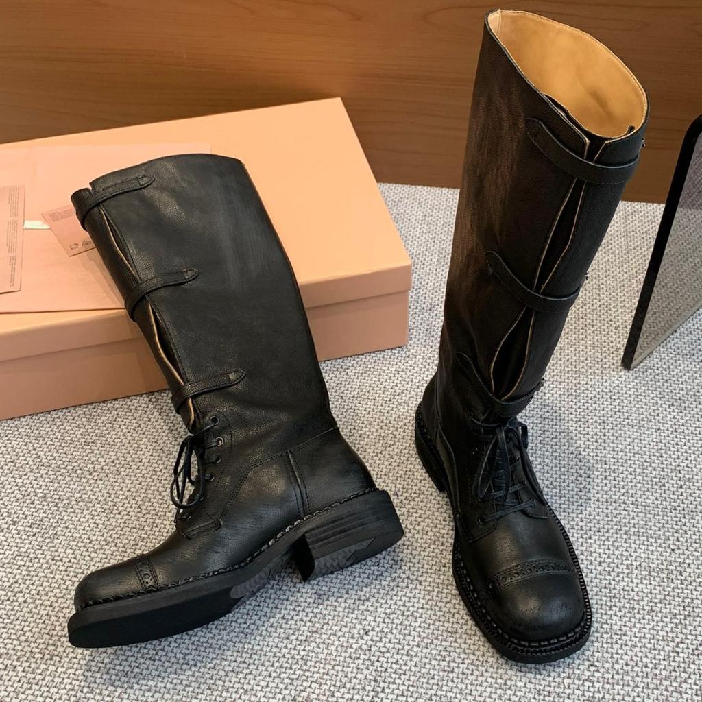 Big Tube Circumference Catwalk Model Retro Style Martin Boots 2025 New Lace-up Locomotive Boots Polished Leather Knight Boots