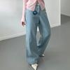 Open Run Women Light Blue Denim Wide Pants Non Stretch