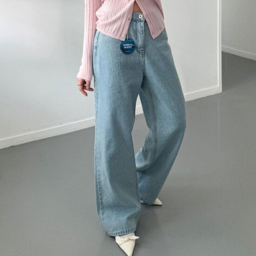 Open Run Women Light Blue Denim Wide Pants Non Stretch