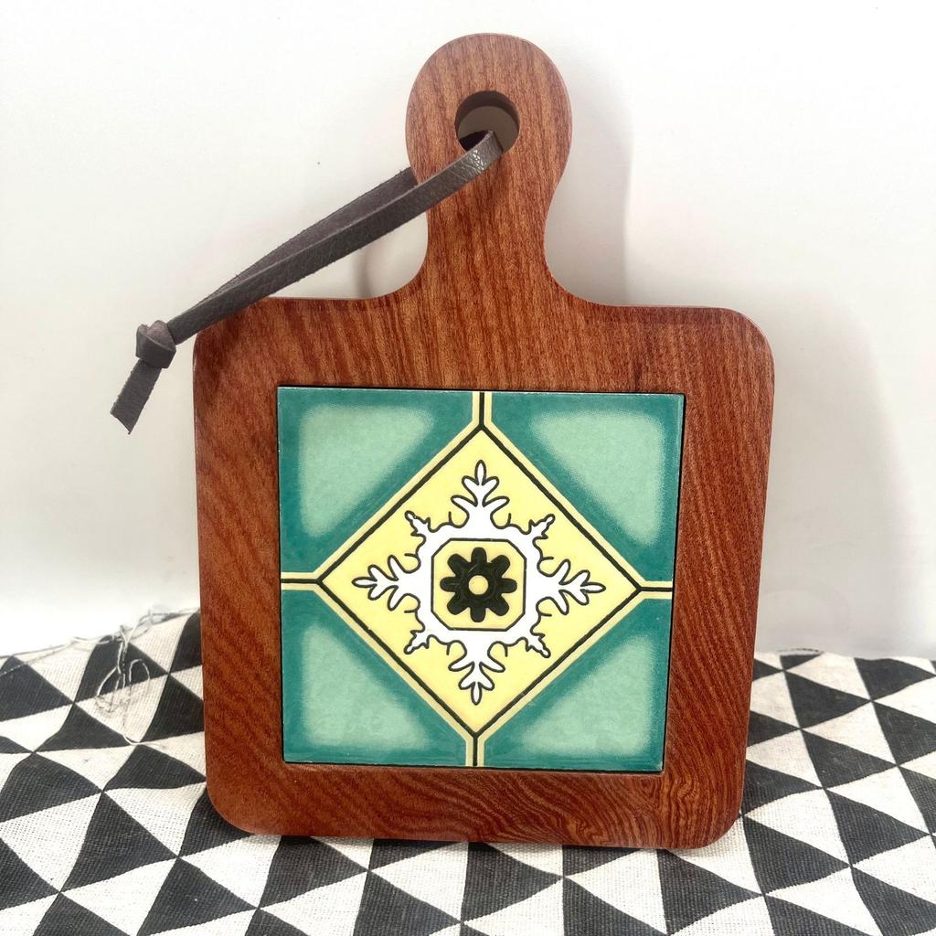 Wood and Ceramic Cutting Board Colorful Tile Trivet Mediterranean Appetizer Board Handmade Kitchen Decor