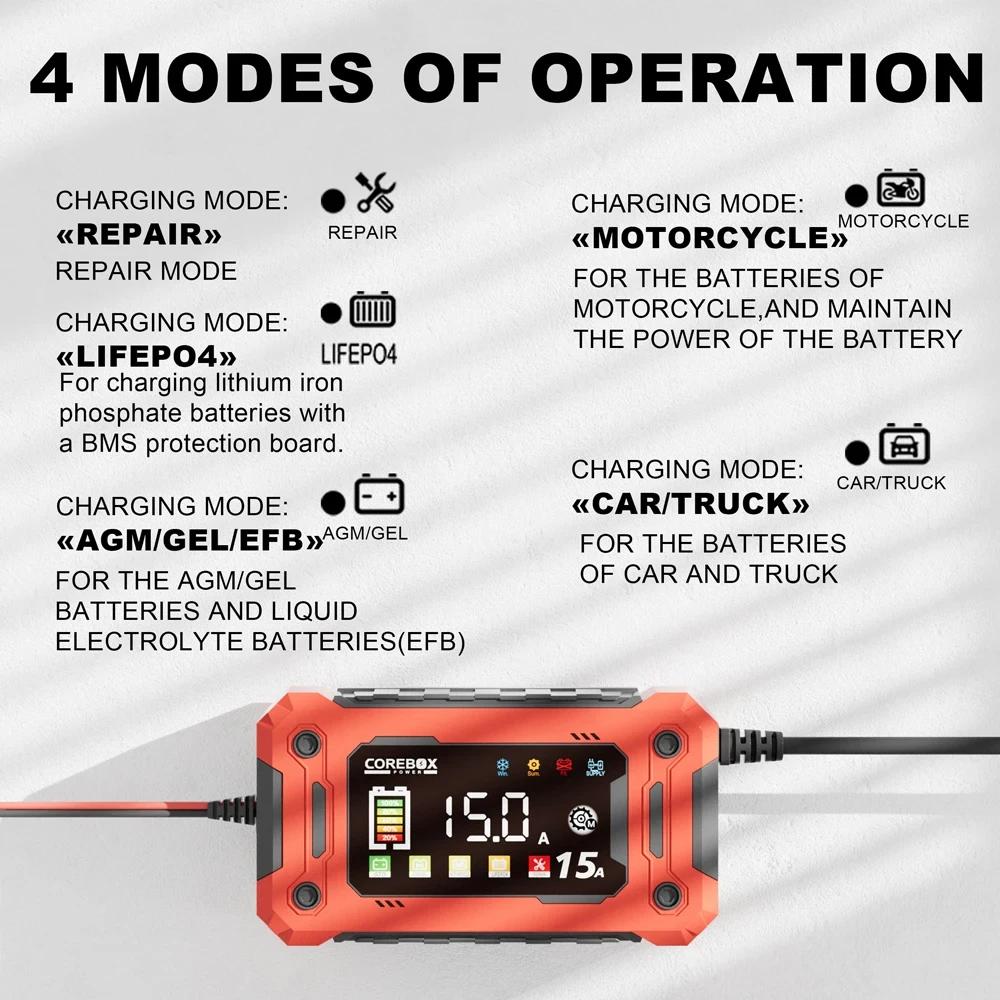 12V 8A 15A Car Charger 14.6V Motorcycle Truck Emergency Jump Starter Digital Display For Lifepo4 Lead Acid AGM GEL Batteries