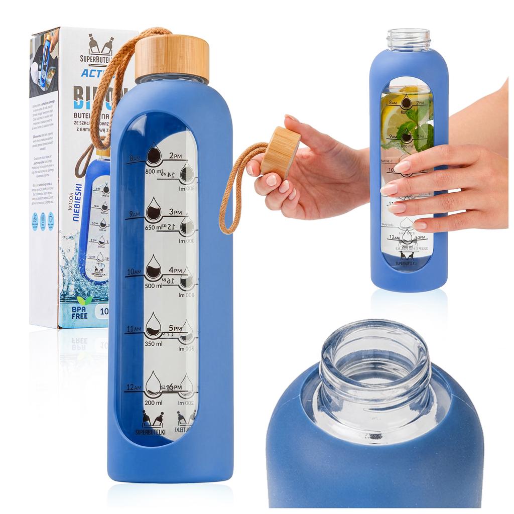 Bottiglia d'Acqua in Vetro da 1000 ml con Custodia in Silicone (blu)