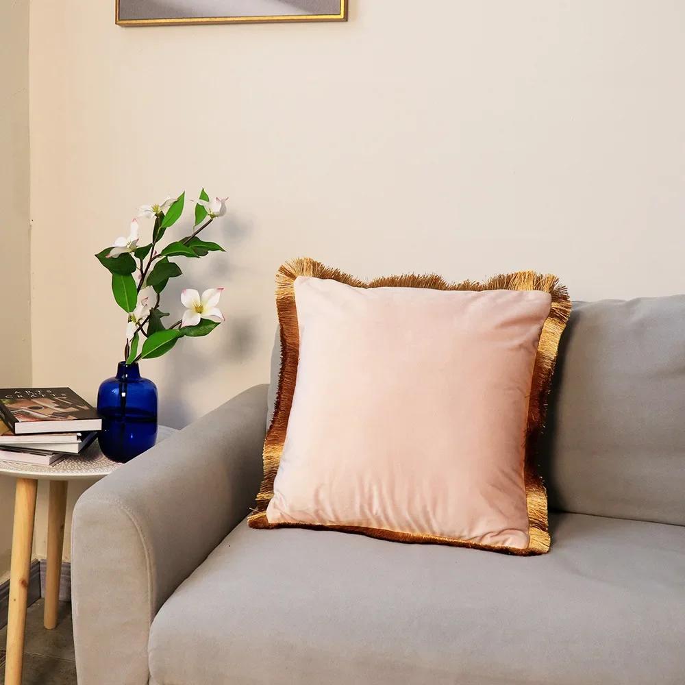 Velvet Cushion Cover with Gold Tassels Edge, Monochromatic Pillowcase, Decorative Sample Room, Bed and Sofa
