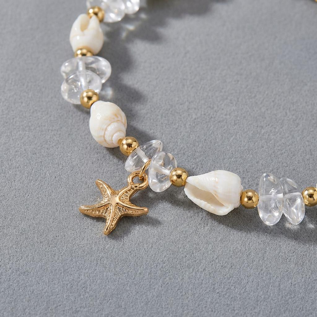 Boho Cowrie Shell Anklet for Women Natural Crystal Stone Beads Gold Color Starfish Charm Foot Chain Summer Beach Jewelry Gift