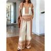 Travel essentials printed two-piece set, vintage elegance V-neck top, loose hierarchy wide-leg pants, vacation style