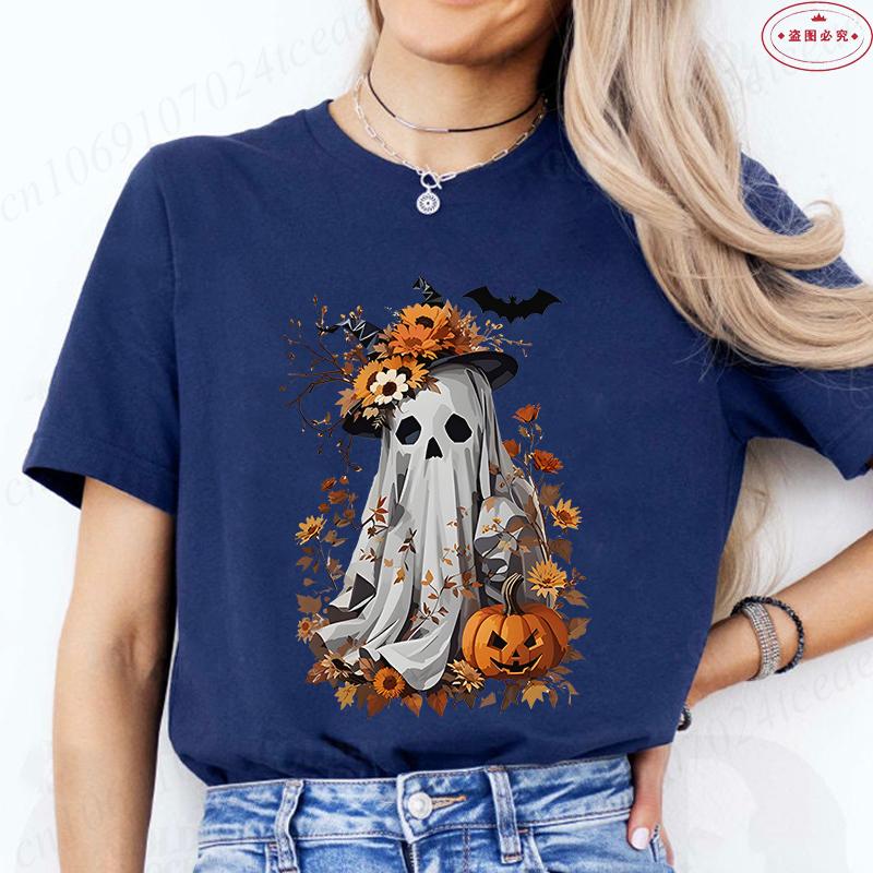 Halloween Boo with Pumpkin Print Womens TShirts Crew Neck TShirt Short Sleeve Casual Top for Spooky Season Womens Clothing