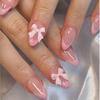 24pcs Pink Almond Fake Nails 3D Bows and Decoration Nails for Mother Women Gift with Detachable Fake Nails