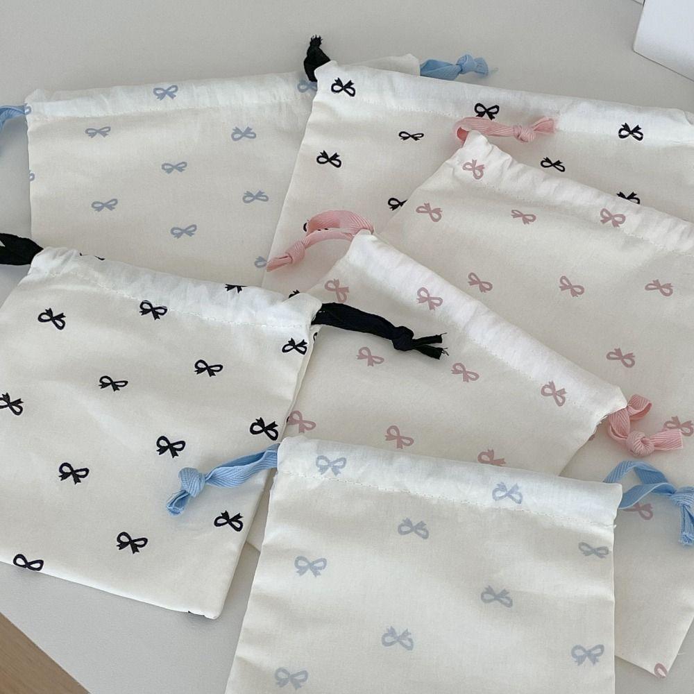 Casual Canvas Bow Print Drawstring Backpack Lightweight Large Capacity Storage Hanging Bag foldable Gym Sack Travel