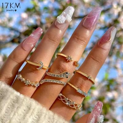 7PCS Boho Knuckle Stacking Rings Set Gifts for Women Teen Girls Dainty Gold Zircon Crystal  Moon Snake Joint Knot Mid Ring