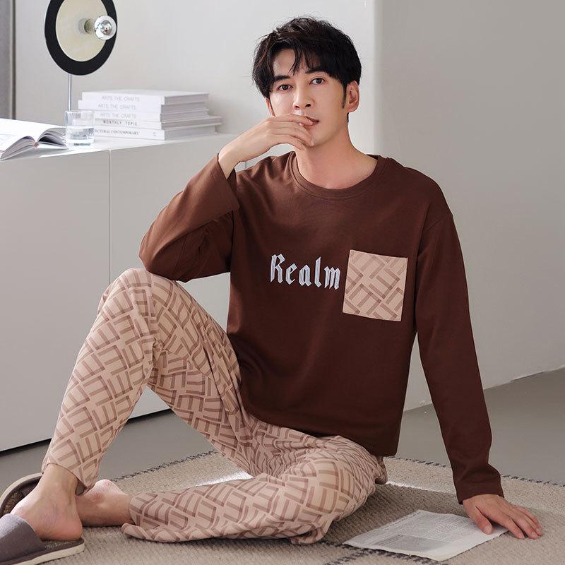 Pajamas Men'S Spring And Autumn Cotton Long Sleeve Crew Neck Casual Blue Autumn Loungewear Large Size Set