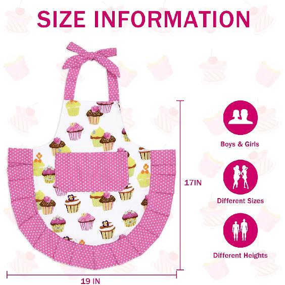 ASPMIZ Cupcake Kids Apron, Pink Baking Bib Apron for 2-6 Years Child, Cute Chef Apron with Pockets for Gardening Painting, Adjustable Kitchen Apron
