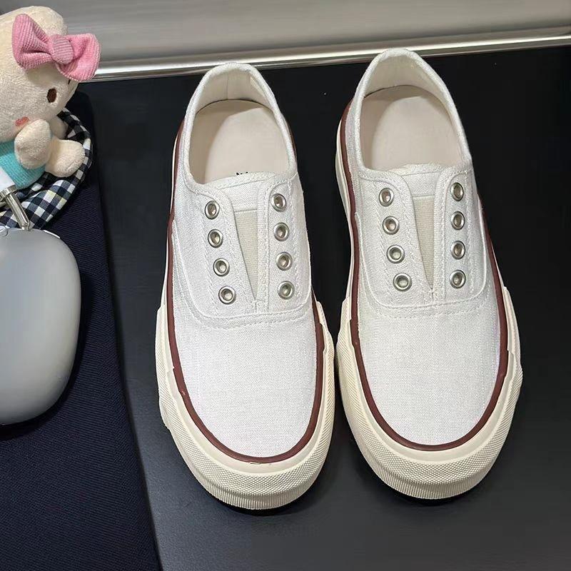 Thick-soled Breathable Linen Contrasting Color Lace-up Round Head Canvas Shoes Women's 2025 New Casual Style Thick-soled Sports Shoes