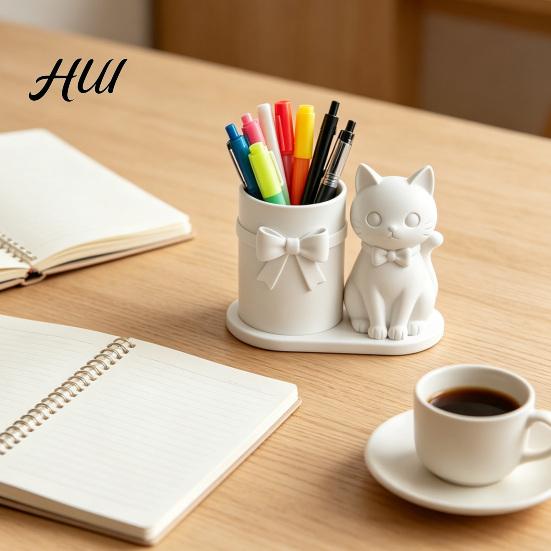 Cat Pen Holder Holder, Cute Kitty Desk Organizer with Pens, Pencils, Makeup Healing Ornament Cup Brushes, 3D Printed Sculpture for Home Office